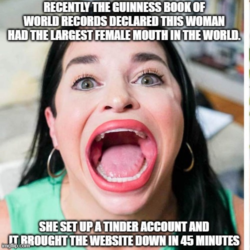Largest female mouth in world |  RECENTLY THE GUINNESS BOOK OF WORLD RECORDS DECLARED THIS WOMAN HAD THE LARGEST FEMALE MOUTH IN THE WORLD. SHE SET UP A TINDER ACCOUNT AND IT BROUGHT THE WEBSITE DOWN IN 45 MINUTES | image tagged in big mouth | made w/ Imgflip meme maker