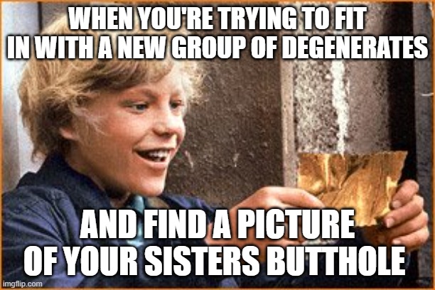 The Golden Ticket |  WHEN YOU'RE TRYING TO FIT IN WITH A NEW GROUP OF DEGENERATES; AND FIND A PICTURE OF YOUR SISTERS BUTTHOLE | image tagged in the golden ticket | made w/ Imgflip meme maker