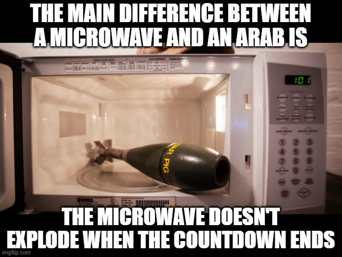 BOOM | THE MAIN DIFFERENCE BETWEEN A MICROWAVE AND AN ARAB IS; THE MICROWAVE DOESN'T EXPLODE WHEN THE COUNTDOWN ENDS | image tagged in mortar round in a microwave | made w/ Imgflip meme maker