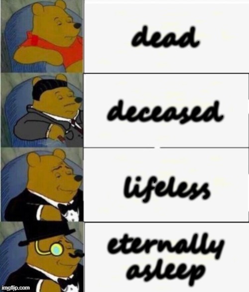 Tuxedo Winnie the Pooh 4 panel | dead; deceased; lifeless; eternally asleep | image tagged in tuxedo winnie the pooh 4 panel | made w/ Imgflip meme maker