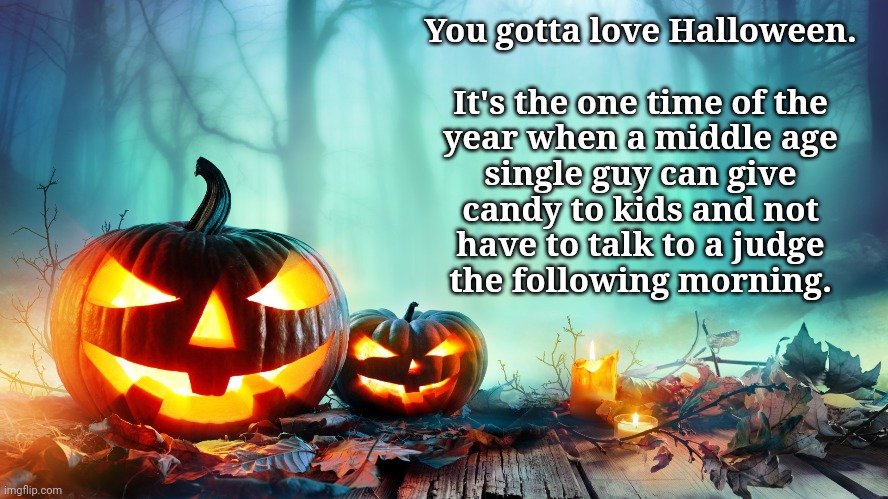 Van not required | You gotta love Halloween.
 
It's the one time of the year when a middle age single guy can give candy to kids and not have to talk to a judge
the following morning. | image tagged in memes,fun,happy halloween | made w/ Imgflip meme maker