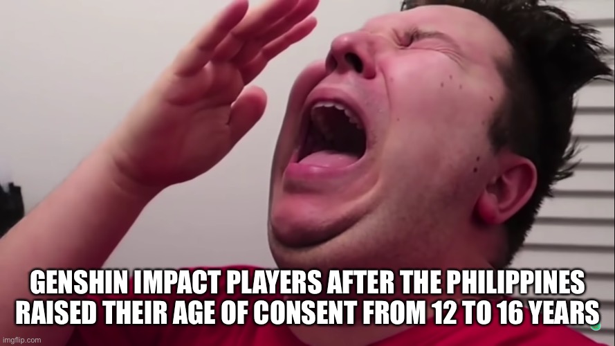 Nikacado Avocado Cries | GENSHIN IMPACT PLAYERS AFTER THE PHILIPPINES RAISED THEIR AGE OF CONSENT FROM 12 TO 16 YEARS | image tagged in nikacado avocado cries | made w/ Imgflip meme maker