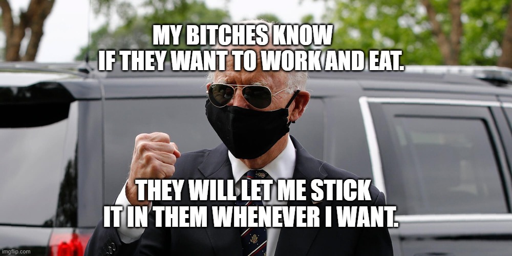 joe biden mask fist | MY BITCHES KNOW             IF THEY WANT TO WORK AND EAT. THEY WILL LET ME STICK IT IN THEM WHENEVER I WANT. | image tagged in joe biden mask fist | made w/ Imgflip meme maker