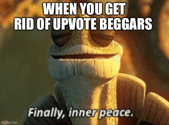 When you get rid of upvote beggars | WHEN YOU GET RID OF UPVOTE BEGGARS | image tagged in finally inner peace | made w/ Imgflip meme maker