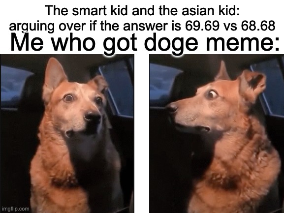(Breathes heavily) | Me who got doge meme:; The smart kid and the asian kid: arguing over if the answer is 69.69 vs 68.68 | image tagged in blank white template,funny,different | made w/ Imgflip meme maker