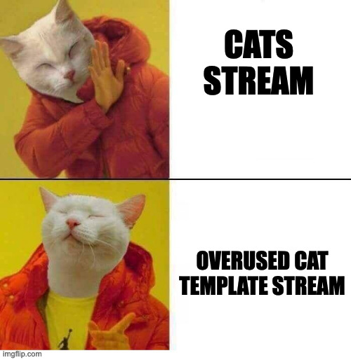 Seriously, we keep seeing those woman yelling at cat and cute cat memes. Not funny at all. | CATS STREAM; OVERUSED CAT TEMPLATE STREAM | image tagged in cat drake | made w/ Imgflip meme maker