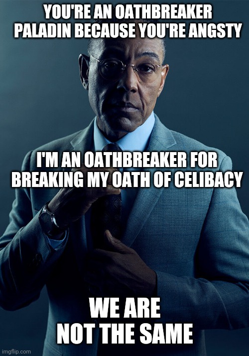 Gus Fring we are not the same | YOU'RE AN OATHBREAKER PALADIN BECAUSE YOU'RE ANGSTY; I'M AN OATHBREAKER FOR BREAKING MY OATH OF CELIBACY; WE ARE NOT THE SAME | image tagged in gus fring we are not the same | made w/ Imgflip meme maker