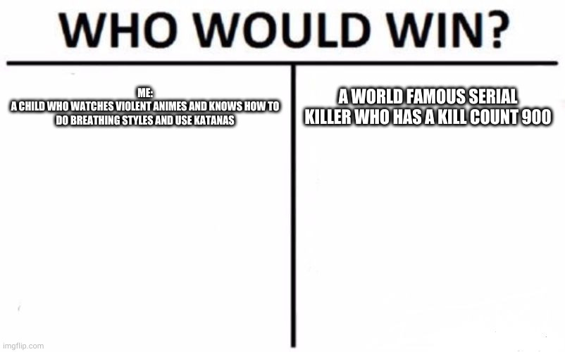 ? bored watching Sanic the Hedgehog | ME:
A CHILD WHO WATCHES VIOLENT ANIMES AND KNOWS HOW TO DO BREATHING STYLES AND USE KATANAS; A WORLD FAMOUS SERIAL KILLER WHO HAS A KILL COUNT 900 | image tagged in memes,who would win | made w/ Imgflip meme maker