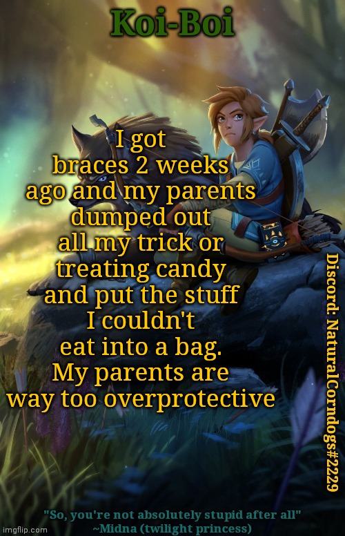 I got braces 2 weeks ago and my parents dumped out all my trick or treating candy and put the stuff I couldn't eat into a bag. My parents are way too overprotective | image tagged in link template | made w/ Imgflip meme maker