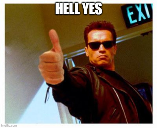 terminator thumbs up | HELL YES | image tagged in terminator thumbs up | made w/ Imgflip meme maker