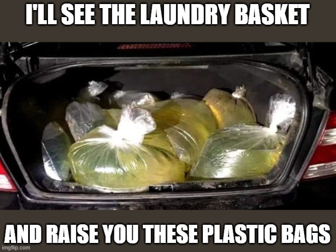 I'LL SEE THE LAUNDRY BASKET AND RAISE YOU THESE PLASTIC BAGS | made w/ Imgflip meme maker