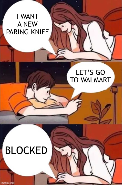 I WANT A NEW PARING KNIFE; LET’S GO TO WALMART; BLOCKED | image tagged in girl texting boy | made w/ Imgflip meme maker