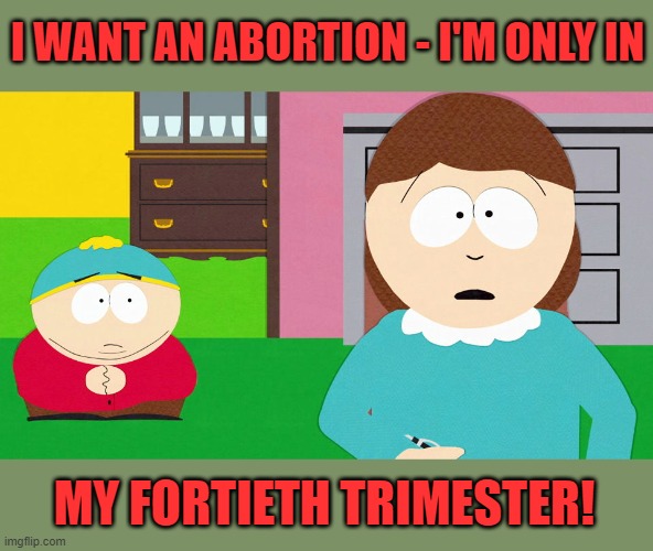 Cartman mom | I WANT AN ABORTION - I'M ONLY IN MY FORTIETH TRIMESTER! | image tagged in cartman mom | made w/ Imgflip meme maker