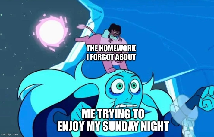 Surprised Blue Diamond | THE HOMEWORK I FORGOT ABOUT; ME TRYING TO ENJOY MY SUNDAY NIGHT | image tagged in blue diamond,steven universe,surprised,homework,sunday,forgot | made w/ Imgflip meme maker