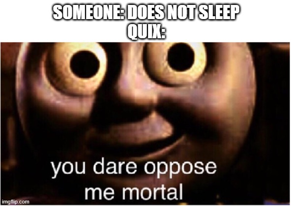 Quix | SOMEONE: DOES NOT SLEEP
QUIX: | image tagged in you dare oppose me mortal | made w/ Imgflip meme maker