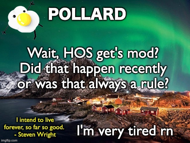 :) | Wait, HOS get's mod? Did that happen recently or was that always a rule? I'm very tired rn | image tagged in pollard template,memes,unfunny | made w/ Imgflip meme maker