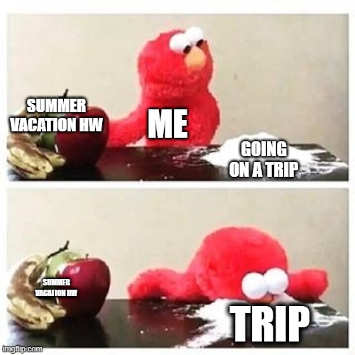 elmo cocaine | SUMMER VACATION HW; ME; GOING ON A TRIP; SUMMER VACATION HW; TRIP | image tagged in elmo cocaine | made w/ Imgflip meme maker