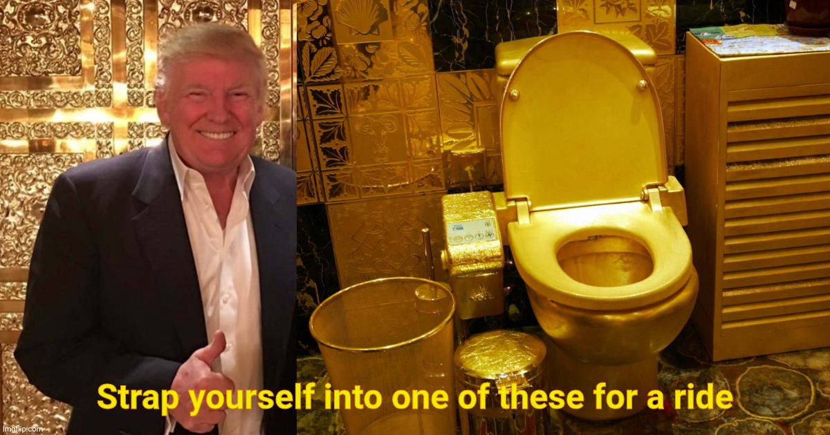 Trump's Gold Toilet, the perfect gift for the man who's full of | Strap yourself into one of these for a ride | image tagged in trump's gold toilet the perfect gift for the man who's full of | made w/ Imgflip meme maker