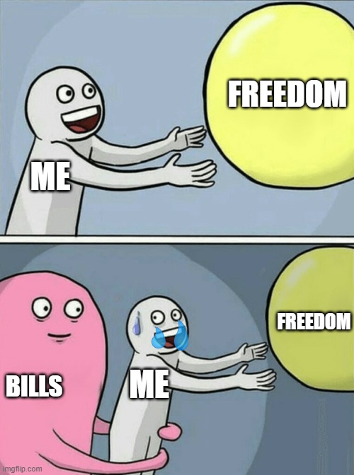 BILLS WON'T LET ME BE GREAT!!! | FREEDOM; ME; FREEDOM; BILLS; ME | image tagged in memes,running away balloon | made w/ Imgflip meme maker