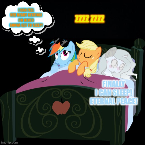 Sleepover | I CAN FEEL HER HEART BEATING! I'M NEVER GONNA GET TO SLEEP! ZZZZ ZZZZ; FINALLY I CAN SLEEP! ETERNAL PEACE! | image tagged in black background,mlp,ghosts,applejack,rainbow dash | made w/ Imgflip meme maker