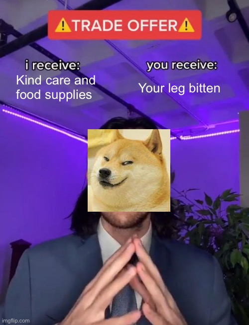 Dogs are sometimes Sus | Kind care and food supplies; Your leg bitten | image tagged in trade offer | made w/ Imgflip meme maker