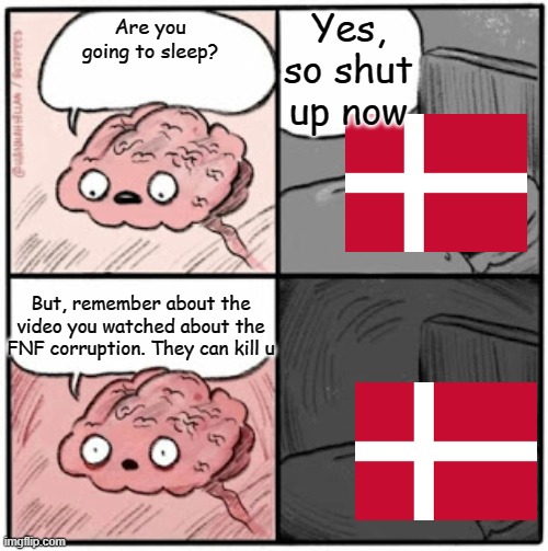 Denmark and Corruption | Yes, so shut up now; Are you going to sleep? But, remember about the video you watched about the FNF corruption. They can kill u | image tagged in brain before sleep | made w/ Imgflip meme maker