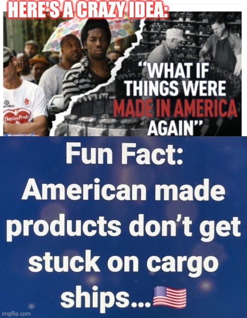 Just sayin' | HERE'S A CRAZY IDEA: | image tagged in not,made in china,maga,made in usa,liberal agenda,bad time | made w/ Imgflip meme maker