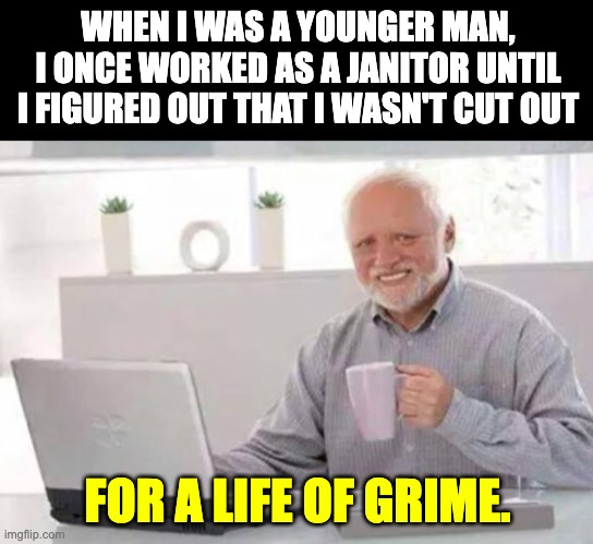 full groan pun | WHEN I WAS A YOUNGER MAN, I ONCE WORKED AS A JANITOR UNTIL I FIGURED OUT THAT I WASN'T CUT OUT; FOR A LIFE OF GRIME. | image tagged in harold | made w/ Imgflip meme maker