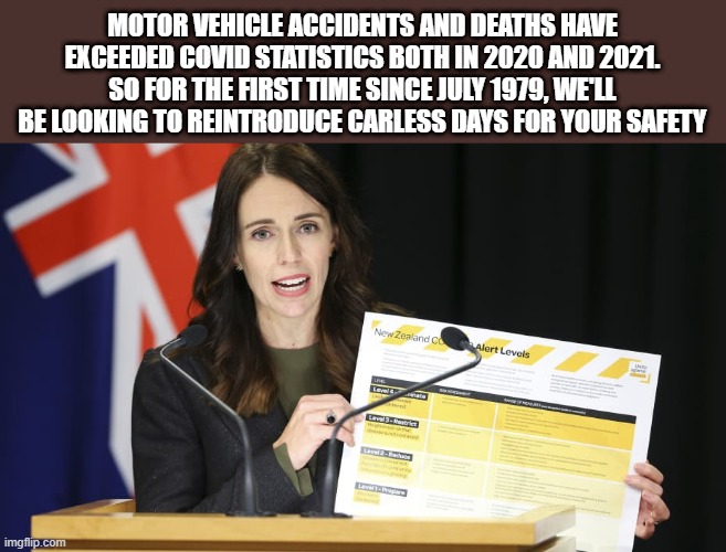 New Zealand's Marxist Prime Minister's Logic in locking further freedoms away. | MOTOR VEHICLE ACCIDENTS AND DEATHS HAVE EXCEEDED COVID STATISTICS BOTH IN 2020 AND 2021. SO FOR THE FIRST TIME SINCE JULY 1979, WE'LL BE LOOKING TO REINTRODUCE CARLESS DAYS FOR YOUR SAFETY | image tagged in jacinda ardern spread sheet | made w/ Imgflip meme maker