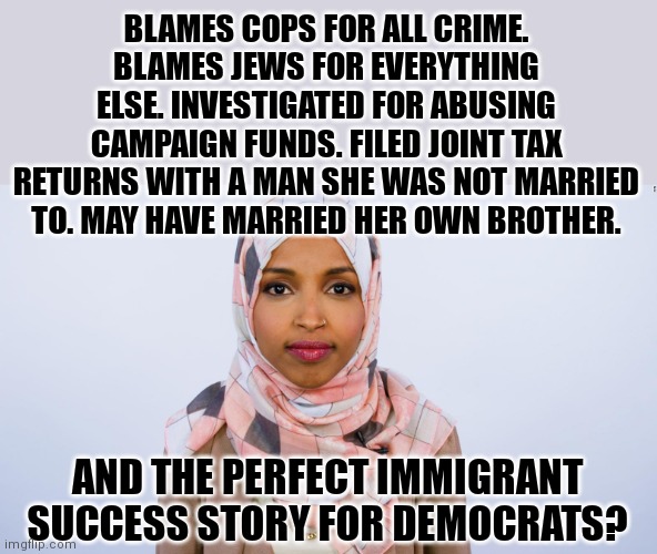 Remember when immigrant success stories were people who came to America and became successful entrepreneurs instead of liberals? | BLAMES COPS FOR ALL CRIME. BLAMES JEWS FOR EVERYTHING ELSE. INVESTIGATED FOR ABUSING CAMPAIGN FUNDS. FILED JOINT TAX RETURNS WITH A MAN SHE WAS NOT MARRIED TO. MAY HAVE MARRIED HER OWN BROTHER. AND THE PERFECT IMMIGRANT SUCCESS STORY FOR DEMOCRATS? | image tagged in ilhan omar,liberal hypocrisy,entrepreneur,democrats | made w/ Imgflip meme maker