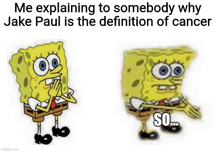 Hehe | Me explaining to somebody why Jake Paul is the definition of cancer; SO... | image tagged in spongebob boi | made w/ Imgflip meme maker