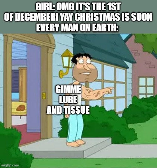 Quagmire Big Arm | GIRL: OMG IT'S THE 1ST OF DECEMBER! YAY CHRISTMAS IS SOON
EVERY MAN ON EARTH:; GIMME LUBE AND TISSUE | image tagged in quagmire big arm | made w/ Imgflip meme maker