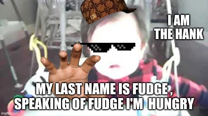 I AM the HANK | I AM THE HANK; MY LAST NAME IS FUDGE , SPEAKING OF FUDGE I'M  HUNGRY | image tagged in memes | made w/ Imgflip meme maker