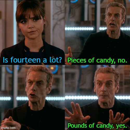 Is fourteen a lot? Pieces of candy, no. Pounds of candy, yes. | image tagged in is four a lot | made w/ Imgflip meme maker