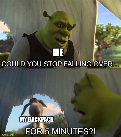 Does anyone relate? |  ME; COULD YOU STOP FALLING OVER…; MY BACKPACK; FOR 5 MINUTES?! | image tagged in shrek five minutes | made w/ Imgflip meme maker