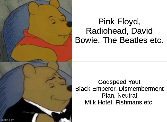 Rate Your Music in a nutshell (bad meme lol) | Pink Floyd, Radiohead, David Bowie, The Beatles etc. Godspeed You! Black Emperor, Dismemberment Plan, Neutral Milk Hotel, Fishmans etc. | image tagged in memes,tuxedo winnie the pooh,rate your music | made w/ Imgflip meme maker