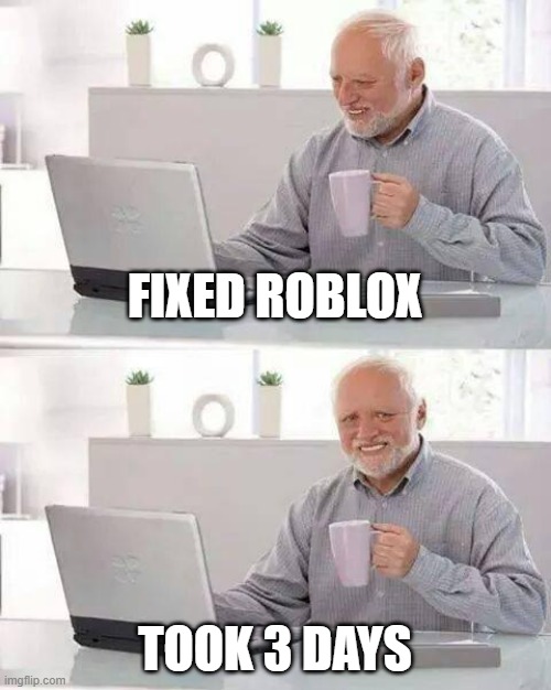 And a heck of ton of money | FIXED ROBLOX; TOOK 3 DAYS | image tagged in memes,hide the pain harold | made w/ Imgflip meme maker