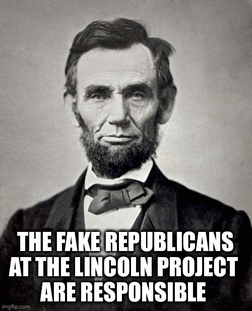 Abraham Lincoln | THE FAKE REPUBLICANS AT THE LINCOLN PROJECT 
ARE RESPONSIBLE | image tagged in abraham lincoln | made w/ Imgflip meme maker