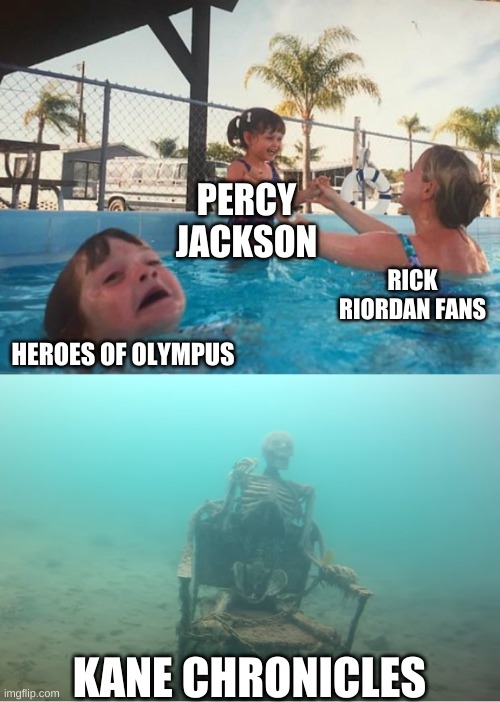 Rick Riordan Fanbase in-a-nutshell |  PERCY JACKSON; RICK RIORDAN FANS; HEROES OF OLYMPUS; KANE CHRONICLES | image tagged in swimming pool kids | made w/ Imgflip meme maker