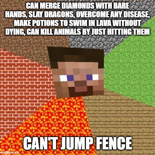 Minecraft Steve | CAN MERGE DIAMONDS WITH BARE HANDS, SLAY DRAGONS, OVERCOME ANY DISEASE, MAKE POTIONS TO SWIM IN LAVA WITHOUT DYING, CAN KILL ANIMALS BY JUST HITTING THEM; CAN'T JUMP FENCE | image tagged in minecraft steve | made w/ Imgflip meme maker