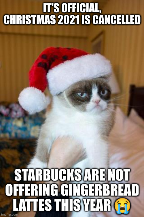 Grumpy Cat Christmas Meme | IT'S OFFICIAL, CHRISTMAS 2021 IS CANCELLED; STARBUCKS ARE NOT OFFERING GINGERBREAD LATTES THIS YEAR 😭 | image tagged in memes,grumpy cat christmas,grumpy cat | made w/ Imgflip meme maker