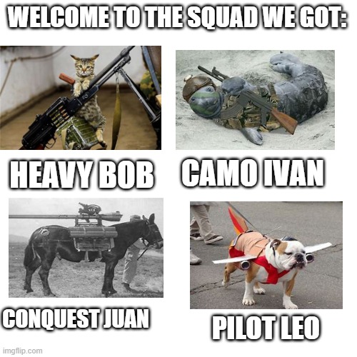 Welcome. | WELCOME TO THE SQUAD WE GOT:; HEAVY BOB; CAMO IVAN; CONQUEST JUAN; PILOT LEO | image tagged in memes,blank transparent square | made w/ Imgflip meme maker