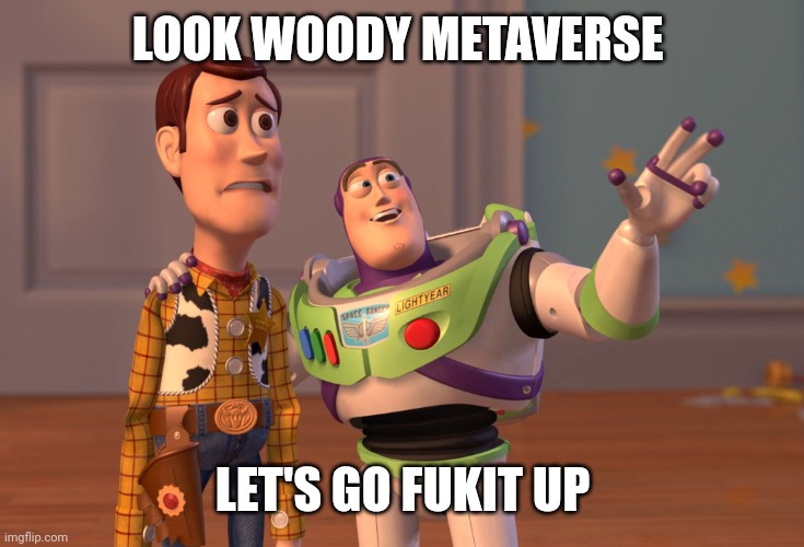 Facebook metaverse | LOOK WOODY METAVERSE; LET'S GO FUKIT UP | image tagged in memes,x x everywhere,metaverse | made w/ Imgflip meme maker