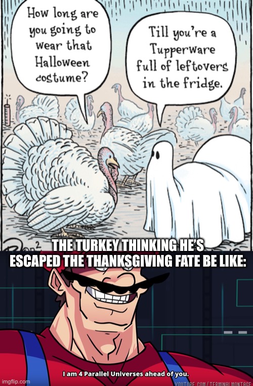 lol | THE TURKEY THINKING HE’S ESCAPED THE THANKSGIVING FATE BE LIKE: | image tagged in mario i am four parallel universes ahead of you,dark humor,ghosts,halloween,turkey,thanksgiving | made w/ Imgflip meme maker
