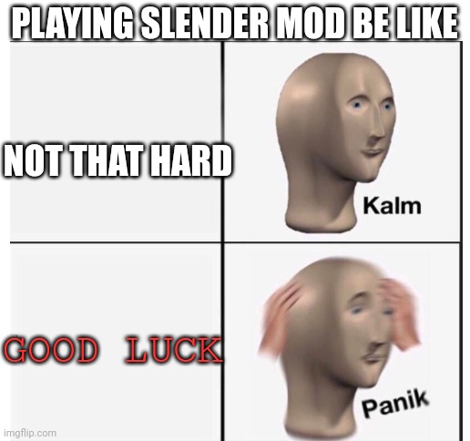 I cant get past slender final song | PLAYING SLENDER MOD BE LIKE; NOT THAT HARD; GOOD LUCK | image tagged in blank white template | made w/ Imgflip meme maker