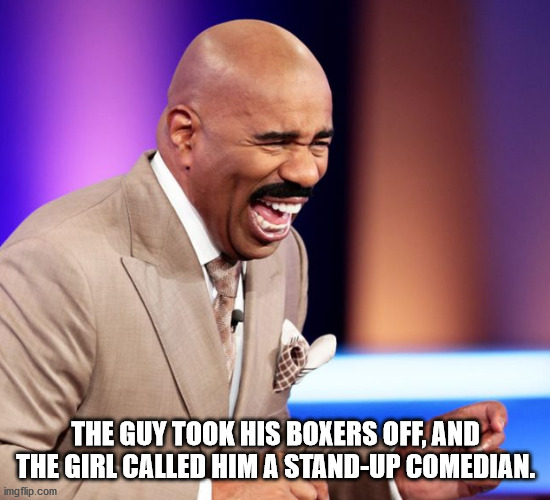 Steve Harvey's Stand-Up Gig |  THE GUY TOOK HIS BOXERS OFF, AND THE GIRL CALLED HIM A STAND-UP COMEDIAN. | image tagged in steve harvey's best puns,steve harvey's double entendre,limp comedian | made w/ Imgflip meme maker