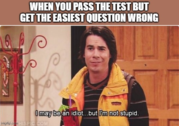 e | WHEN YOU PASS THE TEST BUT GET THE EASIEST QUESTION WRONG | image tagged in spencer i may be an idiot but i'm not stupid | made w/ Imgflip meme maker