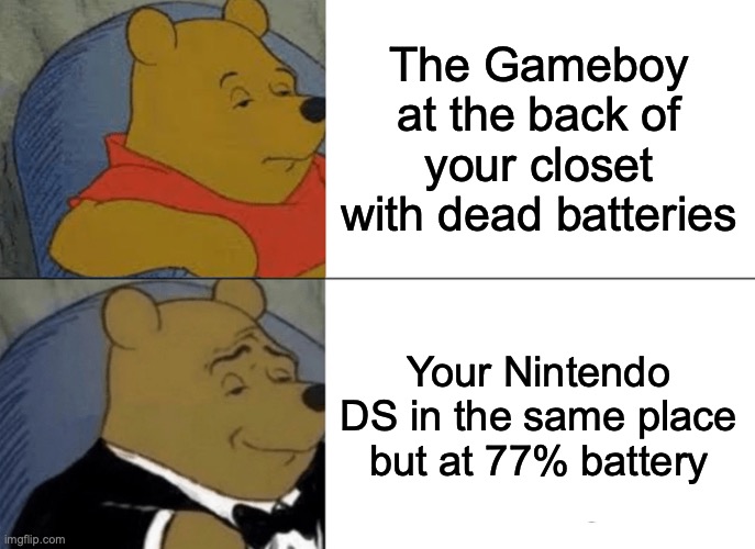 Tuxedo Winnie The Pooh | The Gameboy at the back of your closet with dead batteries; Your Nintendo DS in the same place but at 77% battery | image tagged in memes,tuxedo winnie the pooh | made w/ Imgflip meme maker