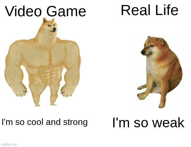 Video Games V.S Real Life | Real Life; Video Game; I'm so cool and strong; I'm so weak | image tagged in memes,buff doge vs cheems | made w/ Imgflip meme maker