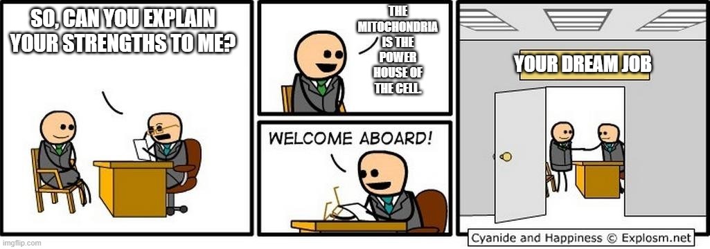 How schools think what you need to do to get a job, according to the internet: | THE MITOCHONDRIA IS THE POWER HOUSE OF THE CELL. SO, CAN YOU EXPLAIN YOUR STRENGTHS TO ME? YOUR DREAM JOB | image tagged in job interview | made w/ Imgflip meme maker